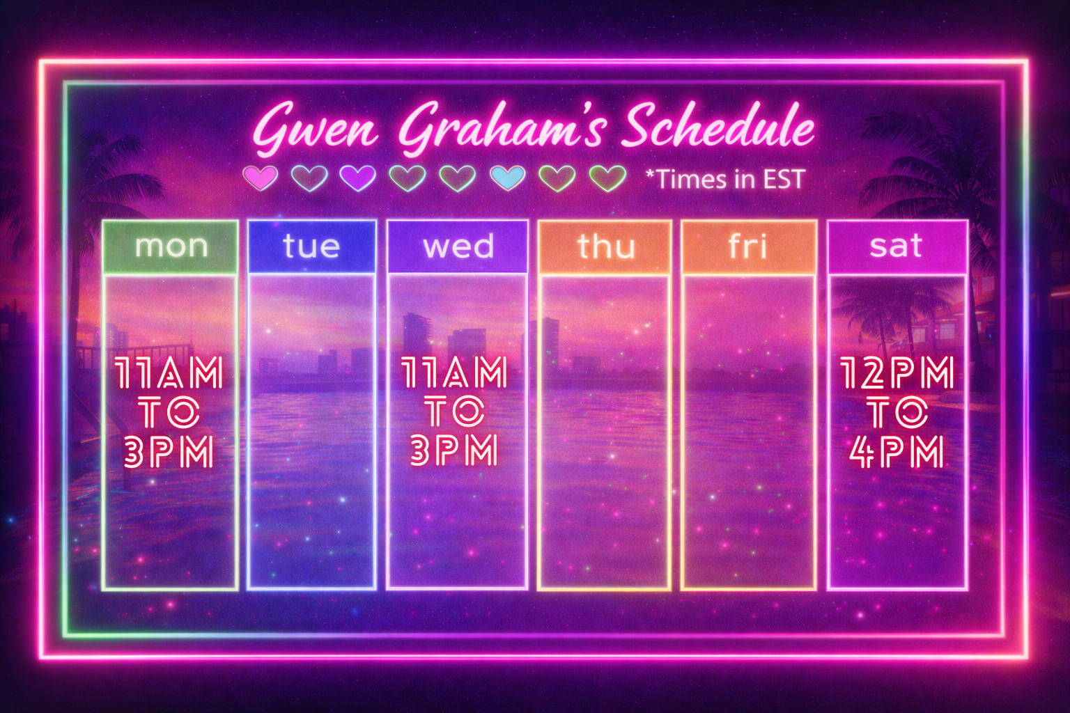 Wednesday: Noon to 3pm.
Friday: Noon to 3pm.