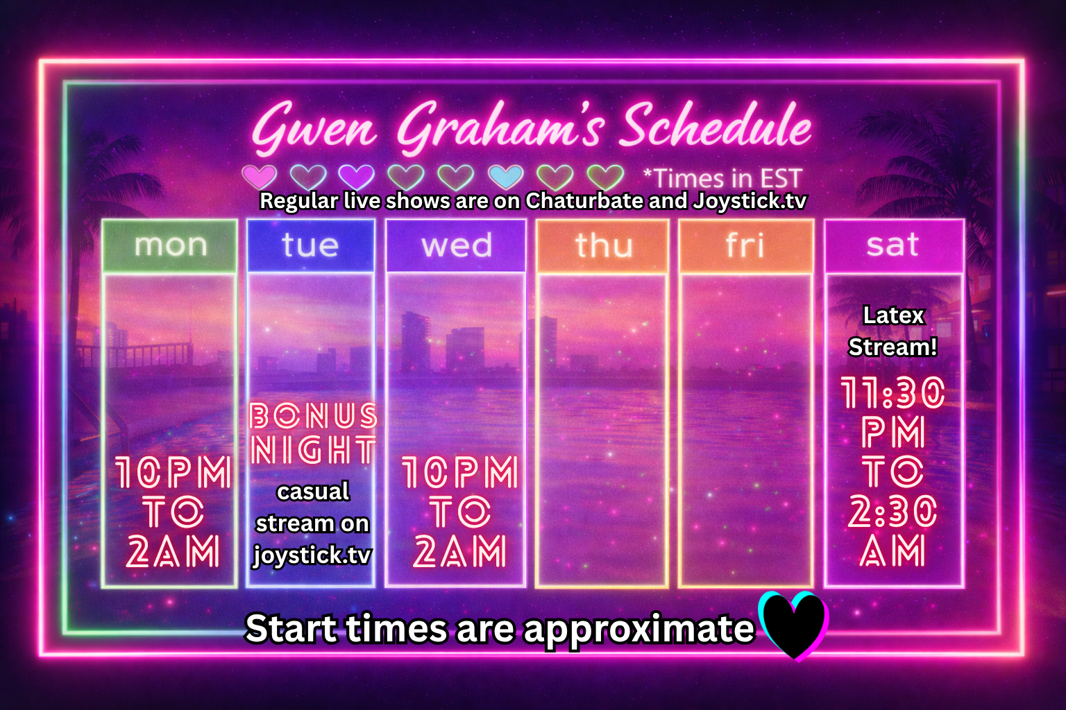 Monday: 10pm to 2am
Tuesday: Flex Bonus Night
Wednesday: 10pm to 2am.
Saturday: 11:30pm to 2:30am.